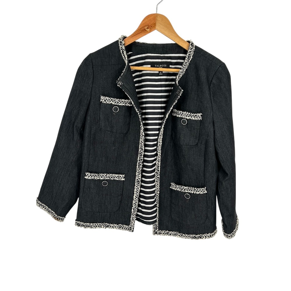 Talbots Womens Dark Denim Trim Collarless Jacket‎ Blazer Petite 12P